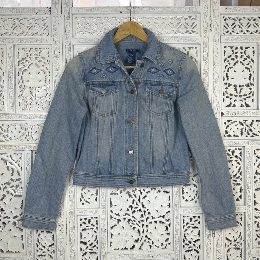 Vtg Chaps Light Wash‎ Distressed Embroidered Denim Jacket Sz S Twee Coquette